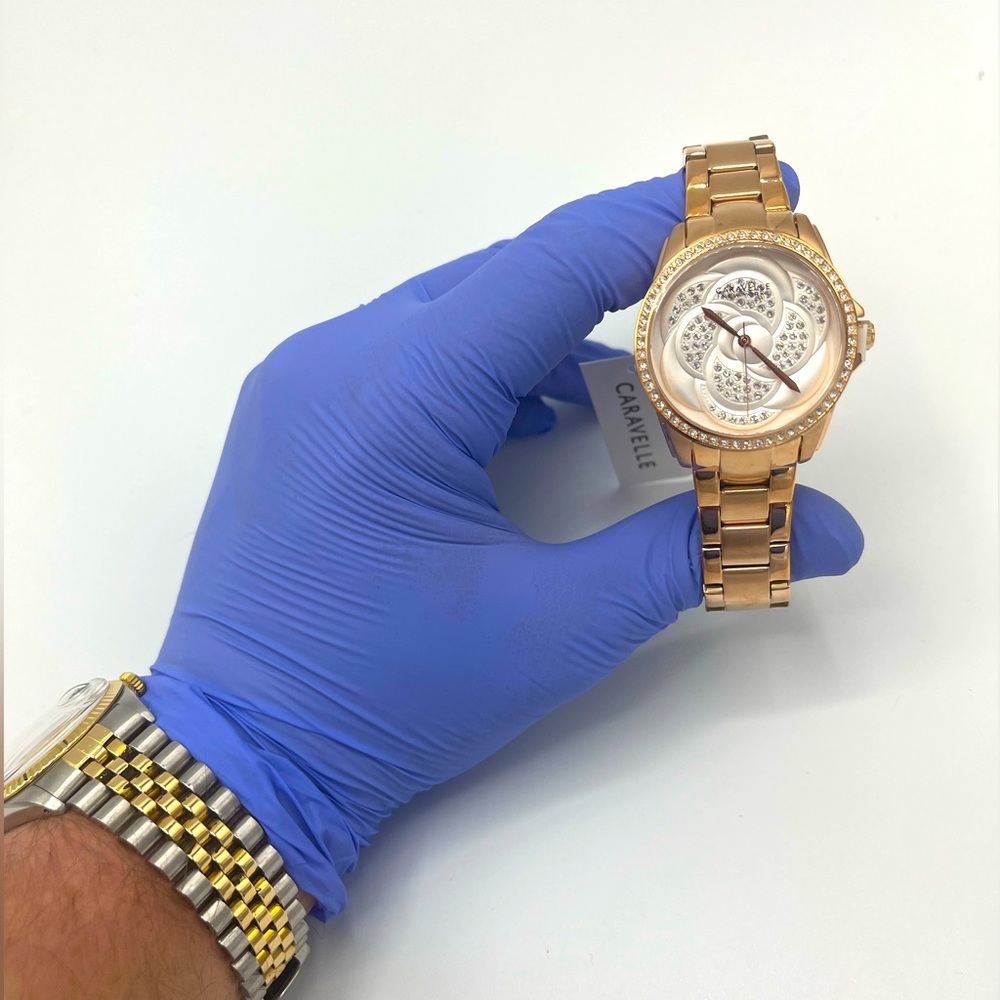 Caravelle By Bulova 44L233 Women's Swarovski Crystal Rose Gold Tone Watch